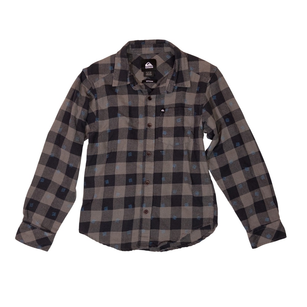 Quiksilver Button Down Shirt Youth Small Grey Black Plaid Modern Fit